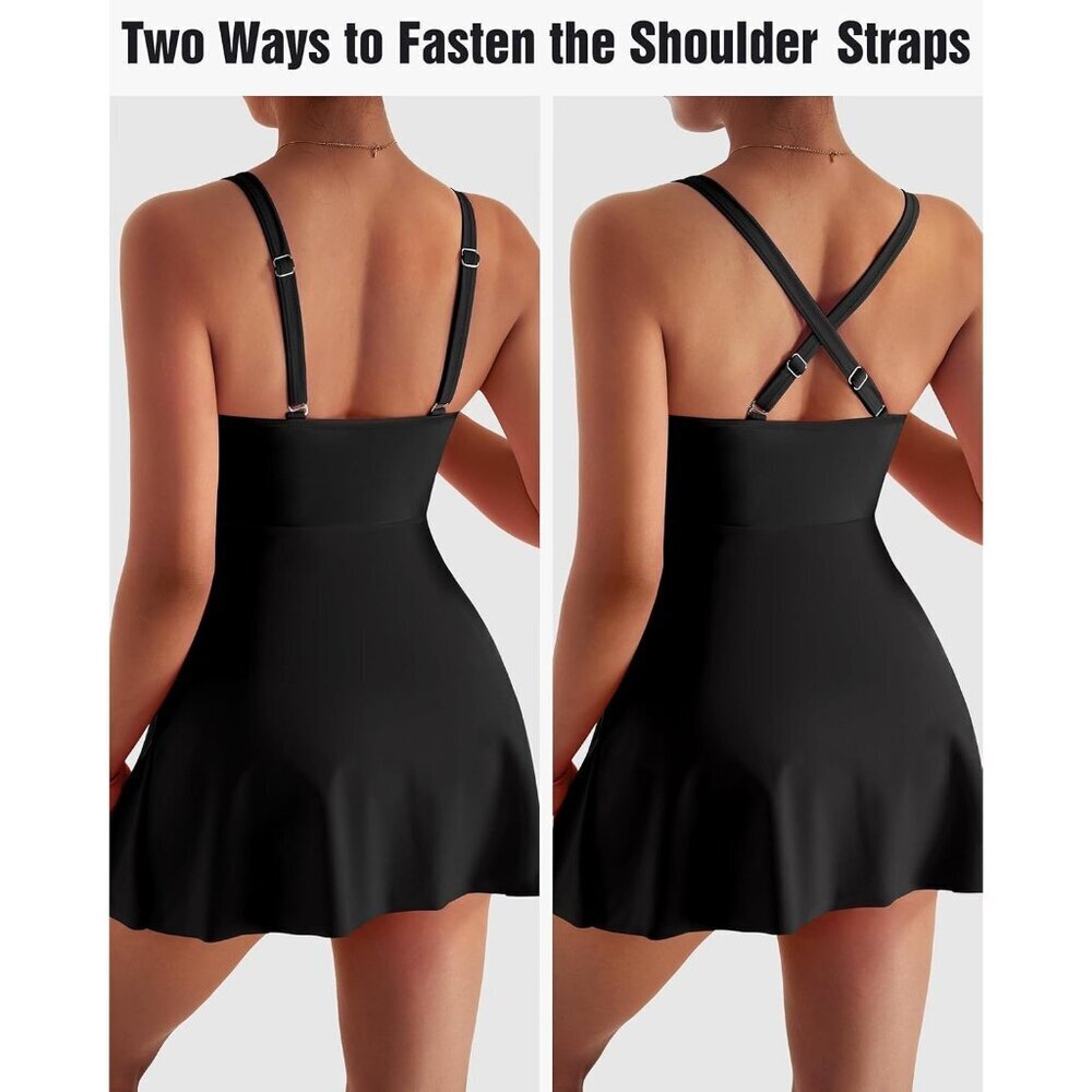 Women Black Swim Dress Swimsuit Tummy Control Ruched Skirted Bathing Suit - Picture 4 of 7